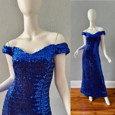 Vintage 80s Blue Sequin Off-Shoulder Formal Showgirl Maxi Prom Dress XS - Image 1 of 4
