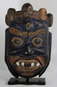 antique 17th C wooden Dharmapala Mahakala Wrathful Deity Mask, Tibet / Sikkim