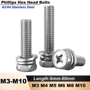 Phillips Hex Head with Washer Screws Hexagon Combination Stainless Steel M3-M10 - Picture 1 of 71
