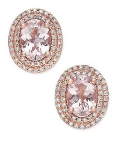 Macy's Morganite (2 ct) & Diamond (1/3 ct) Oval Stud Earring 14K Solid Rose Gold - Picture 1 of 9