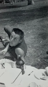 Man Laying On Ground Looking Up At Picnic B&W Photograph 3 x 5 - Picture 1 of 3