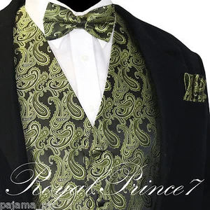 Olive Green Paisley Tuxedo Suit Dress Vest Waistcoat & Bow tie And Hankie Set - Picture 1 of 4