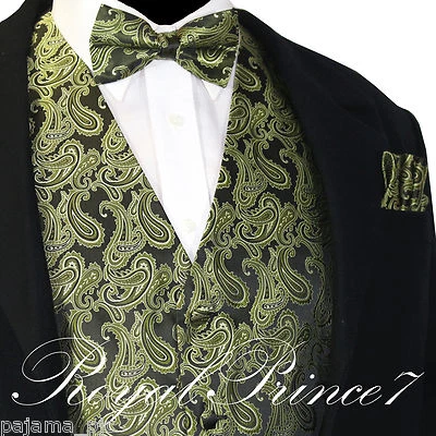 Olive Green Paisley Tuxedo Suit Dress Vest Waistcoat & Bow tie And Hankie Set - Image 1 of 4