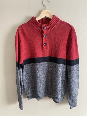 Vintage GUESS Sweater Men’s Large Red Gray Colorblock Knit 1/4 Button 90s Preppy - Image 1 of 4