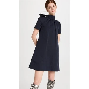 STAUD Mini Ilana Dress Womens XL Navy Blue Short Sleeve Mock Tie Neck A-line - Picture 1 of 19