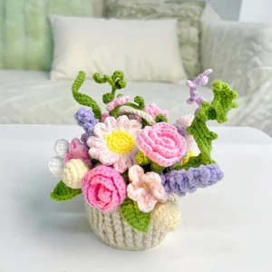 Knitted Artificial Forever Flowers With Exquisite Pot Gift to Friends Women Kids - Picture 1 of 7
