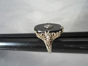 ANILLO ANTIGUO ART DECO TOTALMENTE SELLO ORO BLANCO MACIZO 14K DIAMANTES Y ÓNIX - Imagen 1 de 21
