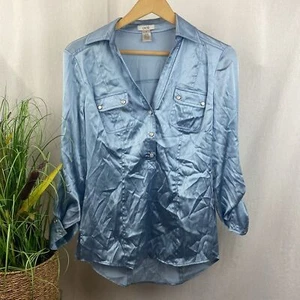 Cache Silk Blend Blue Long Convertible Sleeve Pearl Snap Button Blouse Top S - Picture 1 of 3