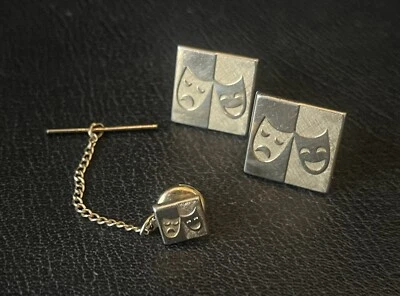 Vintage SWANK Comedy/Tragedy Gold-Tone Cufflinks/Tie Tack Set - Image 1 of 4