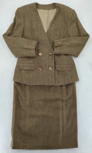 Vintage 1980er Jahre Doncaster Damen Rock Anzug braun Tweed Look 100 % Seide Gr. 12 - Bild 1 von 16
