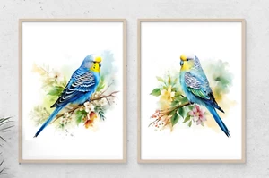 Sittich Wandbilder, 2er Set Sittiche Blumen Kunstdrucke, Wandbilder Deko - Bild 1 von 2