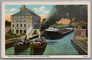 Soo Michigan Poe Lock Tug Boats Pulling Boat Out c1940s Postcard - Picture 1 of 4