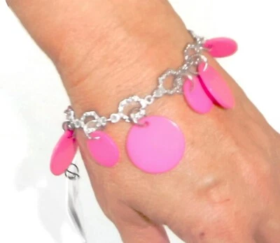Sobral Fichas N34 Fuchsia Pink Charm Disks Silvertone Chain Artist Made Bracelet - Image 1 of 4