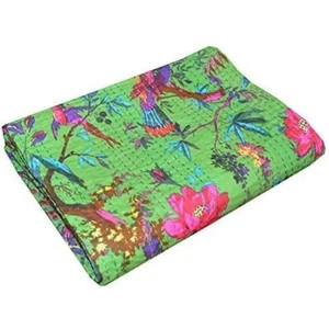 Copritavolo da lancio trapuntato trapuntato bohémien Kantha indiano reversibile taglia doppia stampa uccellino - Foto 1 di 3