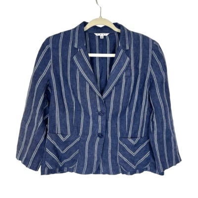 Cabi Blazer Linen Size 10 Blue White Nautical Striped Anchor Button Jacket Women - Image 1 of 4