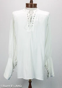 Pirate Shirt Men's White Rayon Laced Front Mandarin Collar Period Costume Shirt - Picture 1 of 2