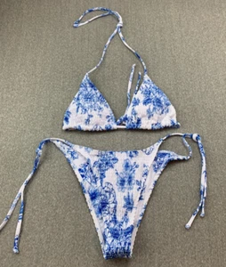 Smocked 2pc Bikini Swimsuit Women size Large Blue White Floral Cottage Core Cute - Picture 1 of 17