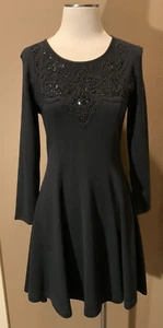 Vintage Petite Sophisticate S Luxe Black Knit Dress W Sequin Beaded Décolleté - Picture 1 of 6