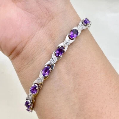 8 Ctw Lab Created Amethyst 14K White Gold Plated Tennis 4X6 MM Bracelets - Image 1 of 4