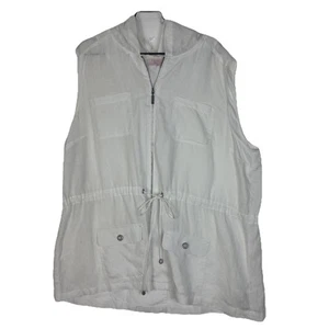 St. Tropez 100% Linen Hooded Utility Vest White Drawstring Zip Front Size L/XL - Picture 1 of 11