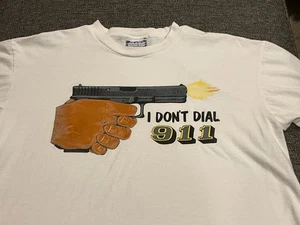 VTG "I Don't Dial 911" T-Shirt Mens Large White Gun Single Stitch 90's - Picture 1 of 7
