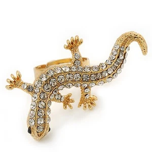 "Anillo destacado ""Gecko"" de cristal esculpido enchapado en oro - ajustable - talla 7/8 - - Imagen 1 de 6