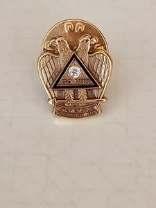 2 Headed Eagle Masonic 50 Year Pin SJUSA Scottish Rite Gold-Tone & Rhinestone - Picture 1 of 6
