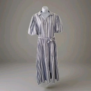 Ashley Stewart Sz12 Cotton Blend Striped Belted Maxi Dress Baloon Sleeve Pockets - Picture 1 of 5