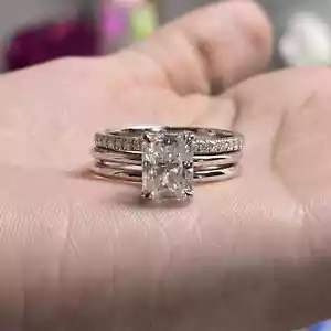 2.20Ct Radiant Cut Moissanite Trio Set Engagement Ring 14k White Gold Plated - Picture 1 of 10