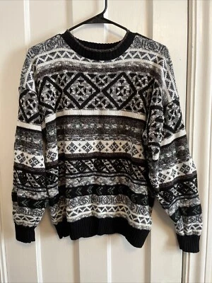 Vtg 90's Bugle Boy Fairisle Fisherman Knit Sweater Large Black White Geometric - Image 1 of 4