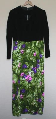 Maxi Vestido Vintage Mod Negro Terciopelo Verde Rosa Floral Grande 12 14 60s 70s Foto 1 de 4