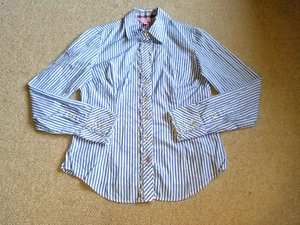 Womens Blouse-LILLY PULITZER-blue/white striped cotton ruffled cottagecore ls-4 - Picture 1 of 5