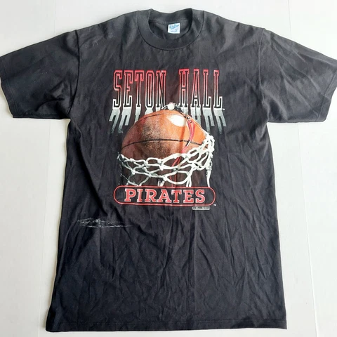 Vtg Seton Hall Pirates TShirt L Basketball Valva Sheen Graphic USA Black Mens Cover