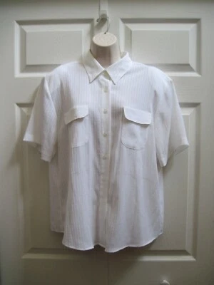 Camisa Top Joanna Mujer Grande Blanca Damasco Rayas Bolsillos Mangas Cortas De Colección Foto 1 de 4