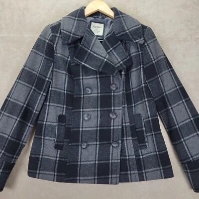 Old Navy Gray & Black Plaid Wool Blend Womens Double Breast Pea Coat Size Medium - Image 1 of 4