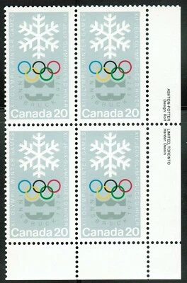 Canada sc#689 Winter Olympics: Innsbruck, LR Imprint Block, Mint-NH - Image 1 of 2