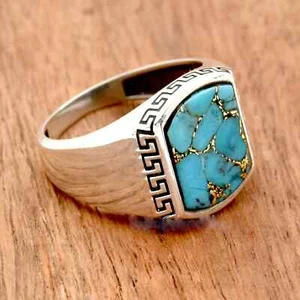 Solid 925 Sterling Silver Natural Blue Turquoise Gemstone Signet Men's Gift Ring - Picture 1 of 10