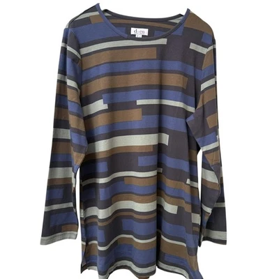 Denim & Co. Geo Print Tee Size Large Blue Womens Long Sleeve Top NWOT - Image 1 of 4