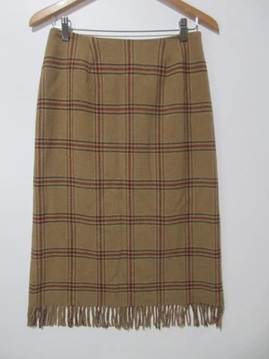 Sz 4 Vtg Harolds Plaid Skirt Wool Fringe Brown Tartan Preppy Academia High End - Image 1 of 4
