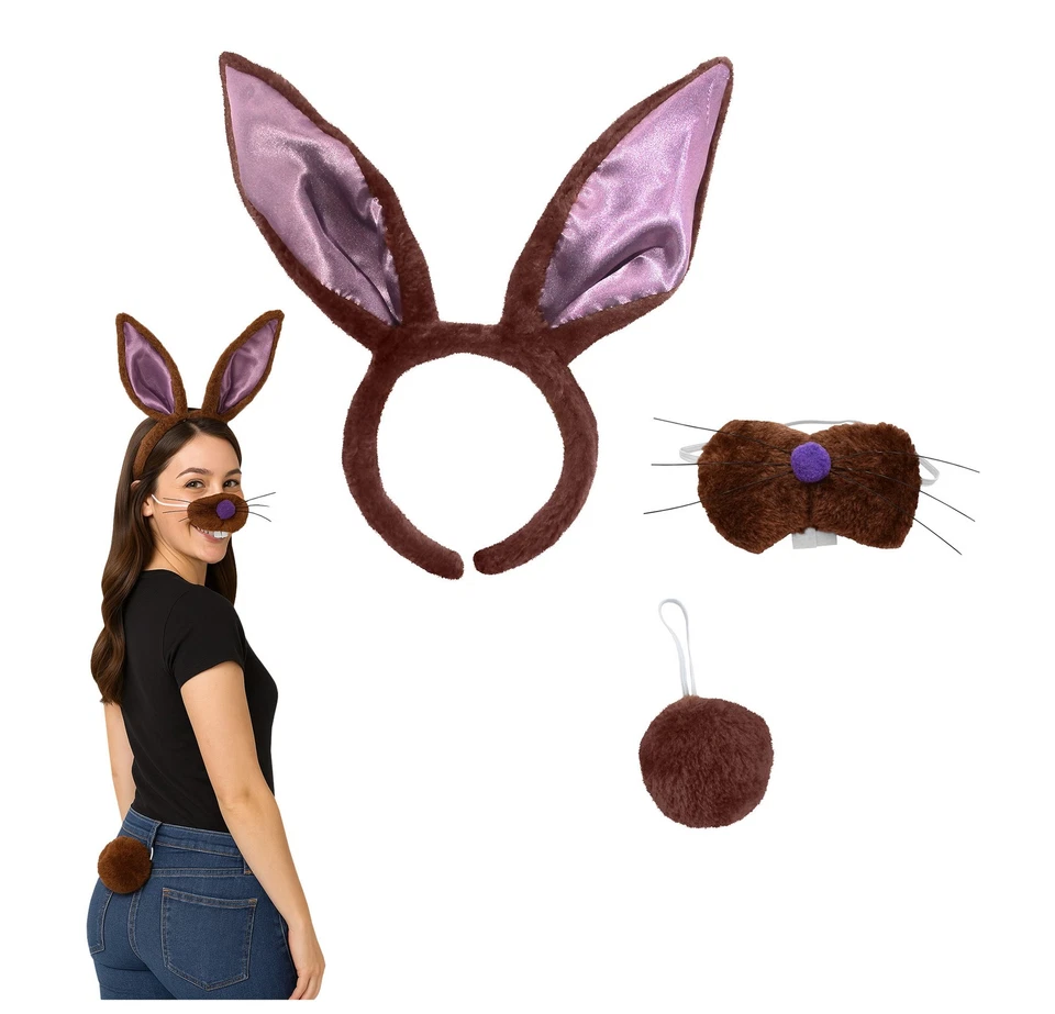 Conjunto de diadema de cola de nariz con orejas de conejo marrón para adultos Kit de disfraz de animal de conejo de Pascua Foto 1 de 4