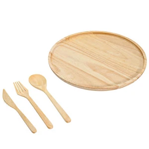 Unique Circle Shaped Plate and Utensils Natural Rubber Tree Wood 4pcs - Picture 1 of 6