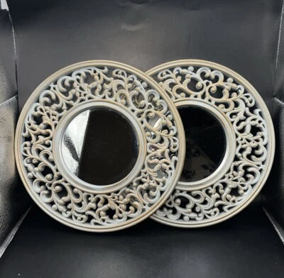 Set Of 2 Round Wall Accent Mirrors Light Gray & Distressed Gold Shabby Accents - Image 1 of 4