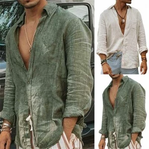 Camicie uomo cotone lino collo alto maniche lunghe camicie uomo - Foto 1 di 23