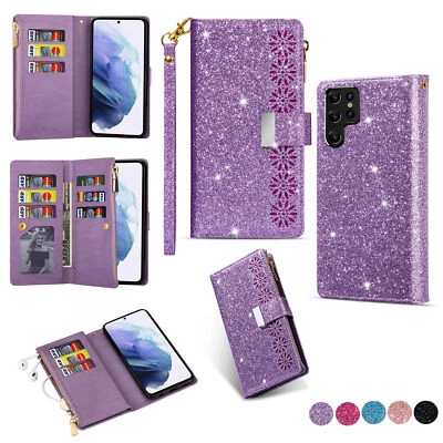 For Samsung Galaxy "S" Series Magnetic Glitter Leather Flip Card Wallet Case - Image 1 of 4