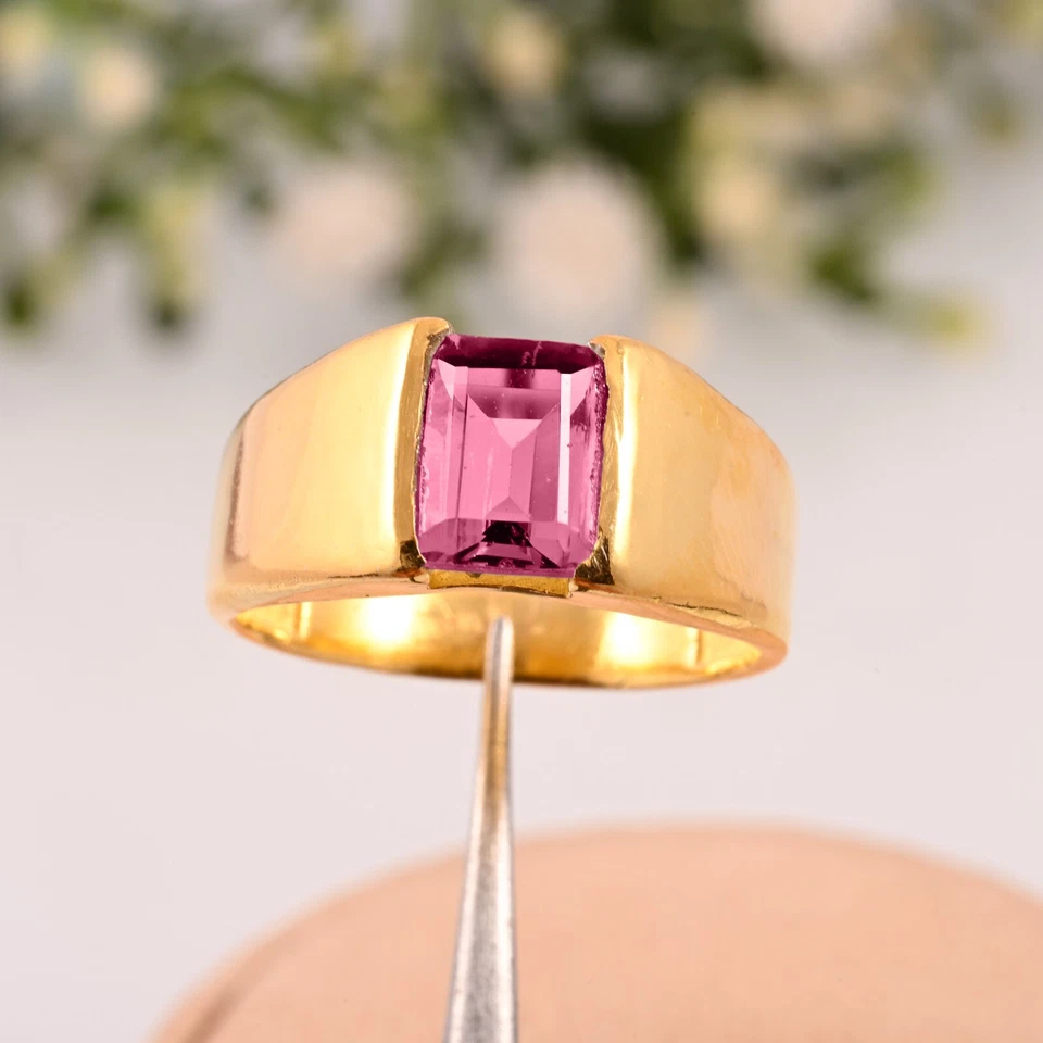 14K Solid Yellow Gold Men's Ring, Natural Pink Tourmaline Faceted Gemstone Ring. - Image 1 of 3