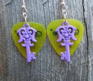 Purple Key Charm Guitar Pick Earrings - Pick Your Color - Picture 1 of 3