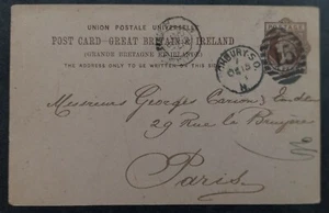 1888 Great Britain 1p Stamped Postcard cd London, Highbury-Paris, France - Picture 1 of 2