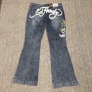 Ed Hardy New York City Skull Slim Flare Jeans Women Size 34 Blue Y2K Embroidered - Picture 1 of 14