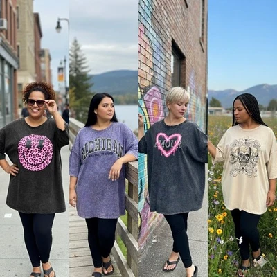 EX YOURS Women's Plus Size Curve Acid Wash Print T-Shirt Oversize Summer Holiday - Image 1 of 4