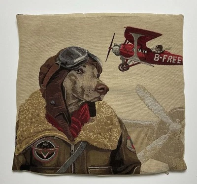 Weimaraner Pilot Dog Pillow Cover Tapestry Belgian Aviator 18”x18” Zip Closure - Image 1 of 4